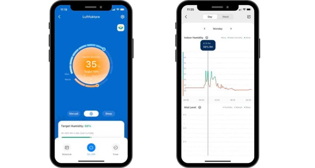Levoit 600 Smart Hybrid justere innstillinger og følge interessant statistikk